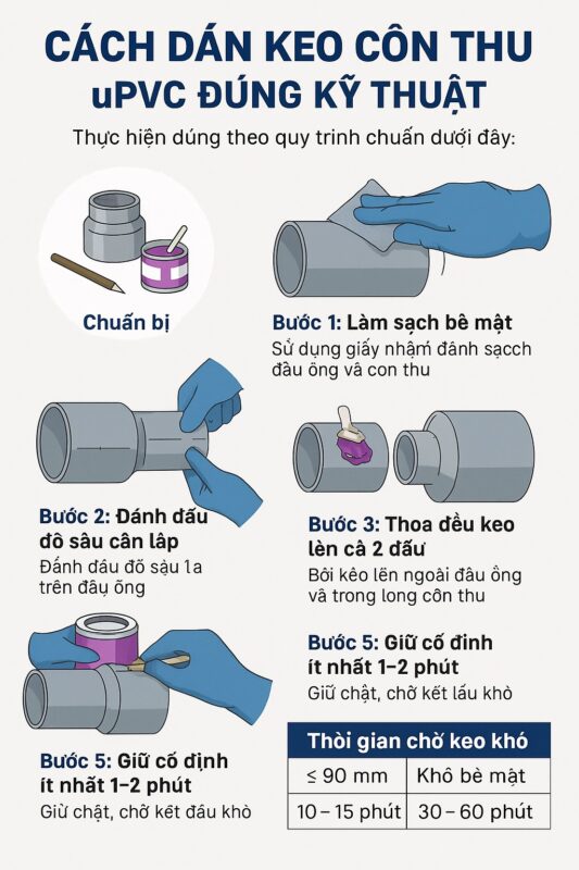 Cách dán keo côn thu uPVC đúng kỹ thuật